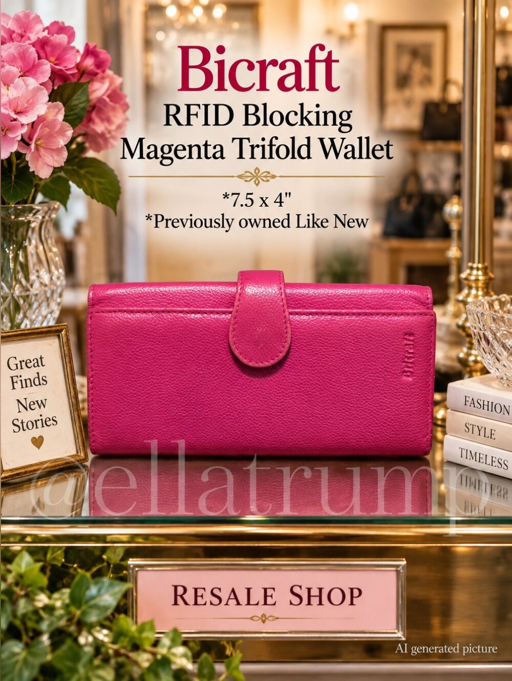 Bicraft RFID Blocking Magenta Trifold Wallet 7.5 x 4"